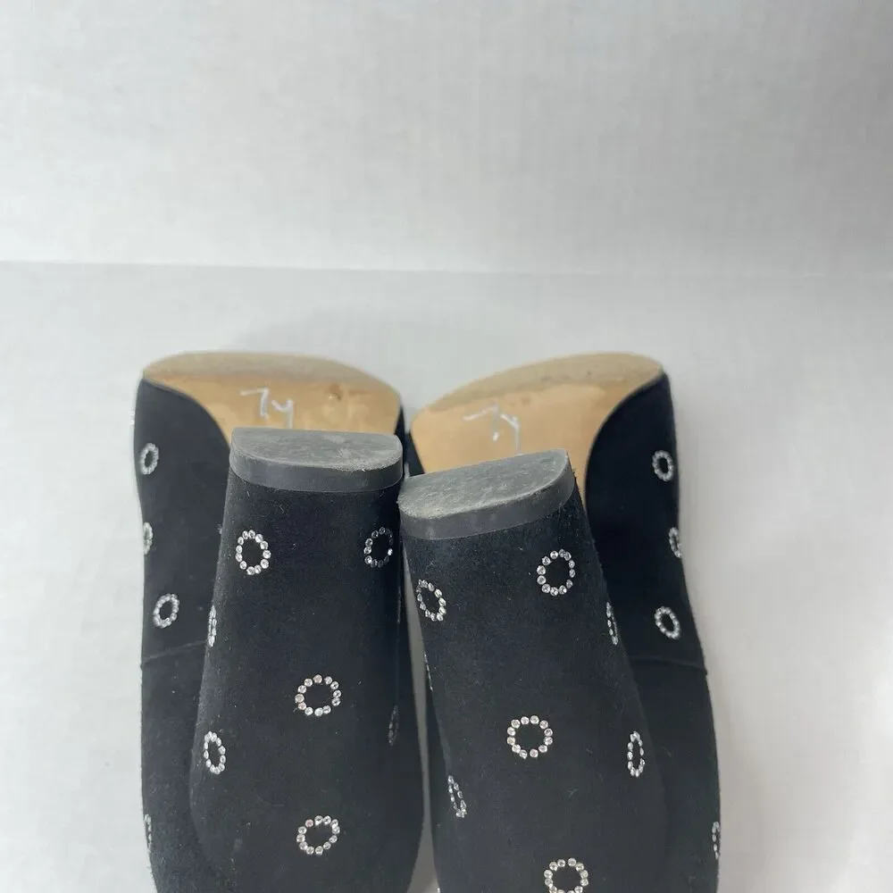 Black Suede Block Heel Pumps Size 6.5 |‎ Retro Mod Polka Dot Party Shoes Sparkly